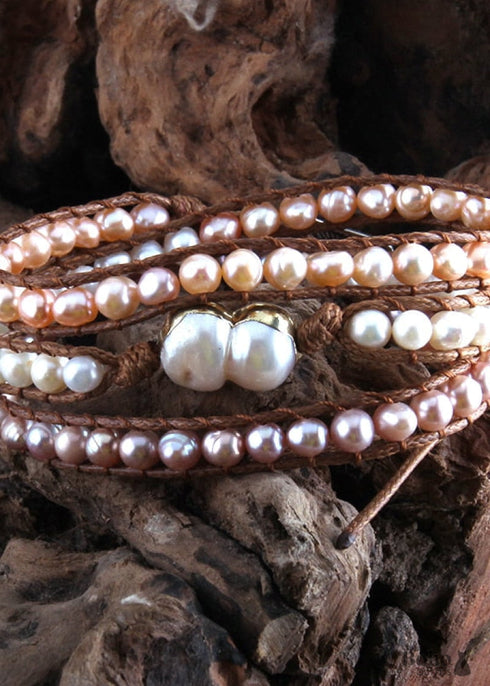 Boho Bracelet, RH 5 Layers Leather Wrap Bracelet, White Pink Natural Peal